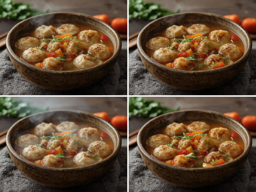 Steaming bowl of cozy potsticker soup with fresh vegetables