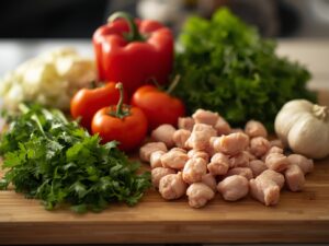 Chopped chicken, broccoli, carrot, bell pepper, garlic, and ginger ready for stir-fry