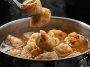 Potstickers cooking in simmering soup