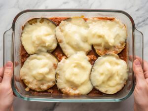 Layered Greek Moussaka in baking dish