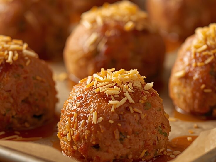 Golden, crispy Rotel Sausage Balls fresh from the oven, perfectly golden brown, arranged on a parchment-lined baking tray