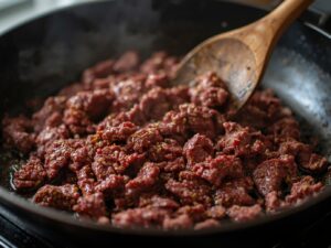 Ground beef cooking in a skillet