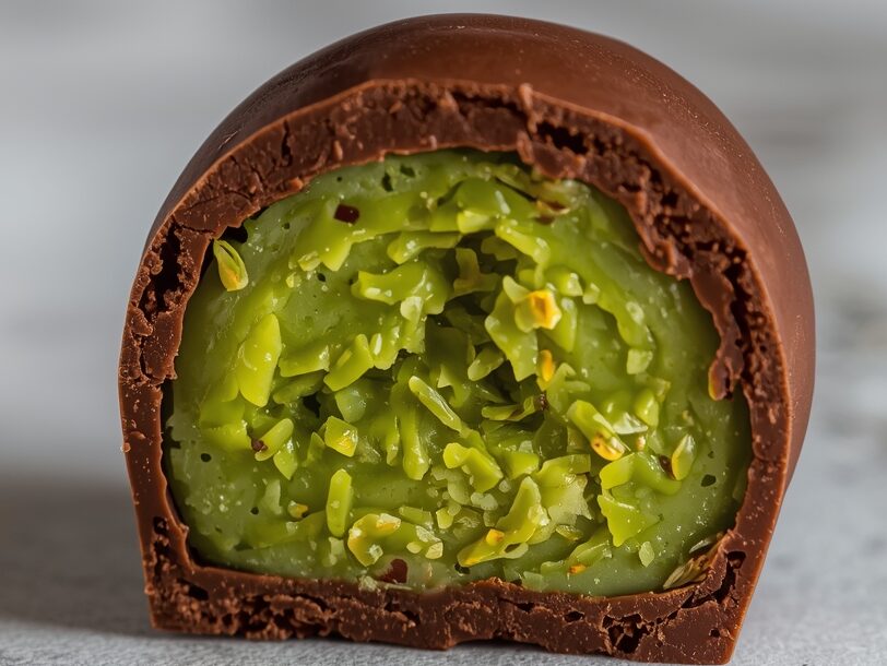 Cut open Dubai Chocolate Ball revealing vivid green pistachio cream and crunchy kataifi, glossy chocolate exterior