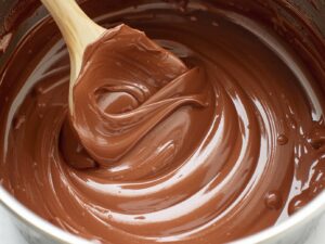 Milk chocolate being melted in a bowl, smooth and glossy, ready for dipping truffles