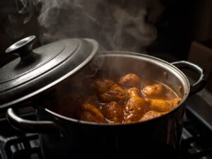 Nigerian chicken stew simmering gently in a pot