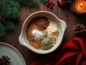 Dry ingredients combined in bowl with Christmas decor
