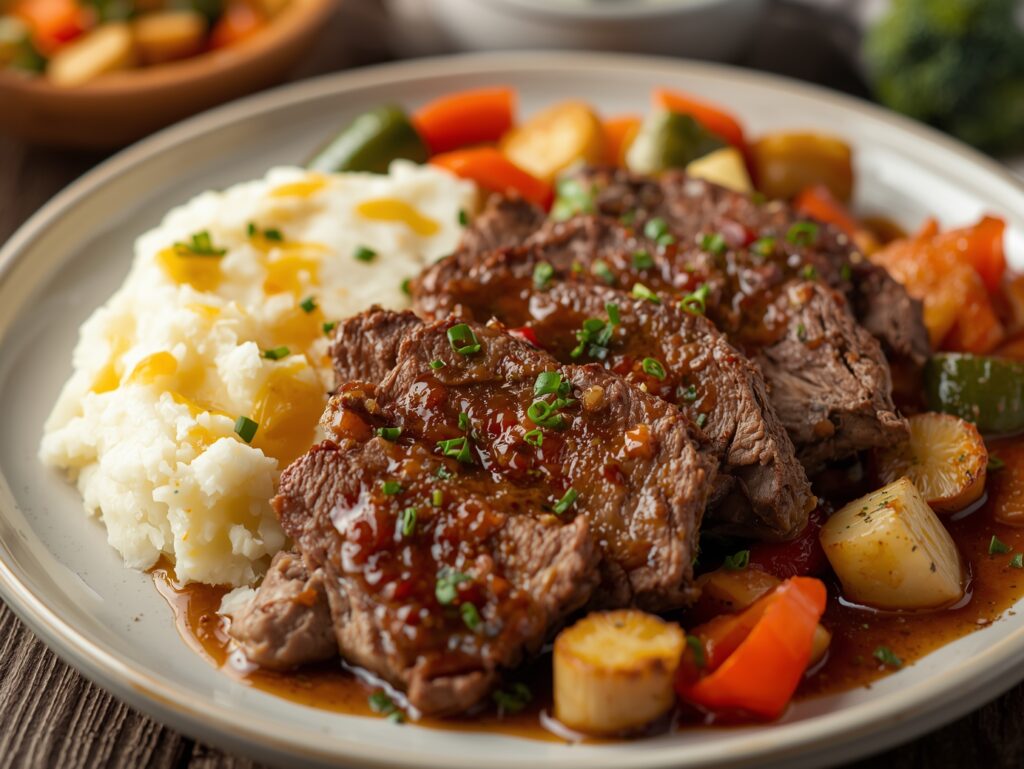 Korean beef pot roast plated with roasted carrots, daikon radish, and green onions