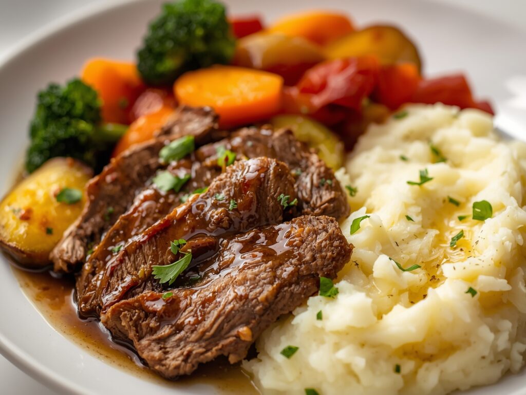 Close-up of Korean beef pot roast served with creamy mashed potatoes and roasted vegetables on a white plate