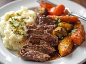 Plated Korean beef pot roast with mashed potatoes and roasted vegetables, zoom-style close-up, natural lighting, no hands, visually appealing