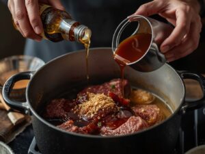 Adding sauce ingredients to Korean beef pot roast Title: Adding Sauce