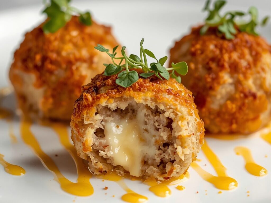 Golden-brown Rotel Sausage Balls arranged on a rustic platter, garnished with parsley and served with honey mustard dipping sauce.