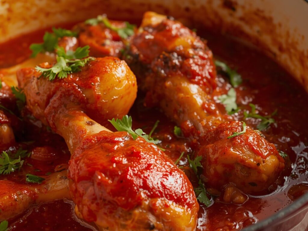 Close-up of Nigerian chicken stew with thick obe ata sauce