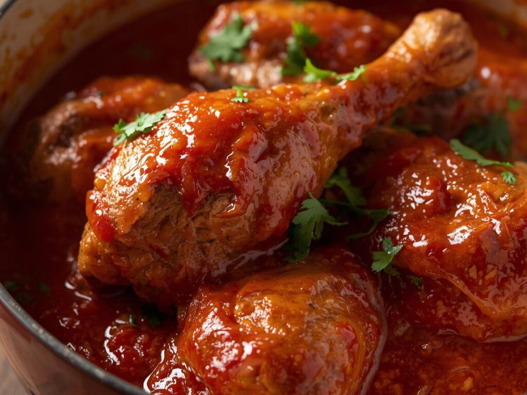 Family-style Nigerian chicken stew ready to serve