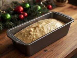 Raw Christmas cake batter in loaf pan