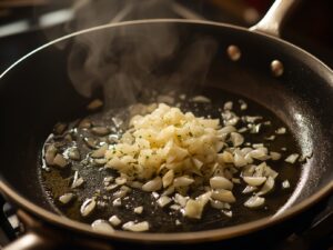 Onion and garlic sautéing in olive oil