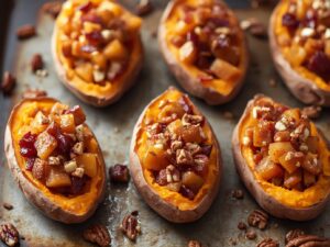 Twice-baked sweet potatoes filled with apple cranberry mixture and pecans
