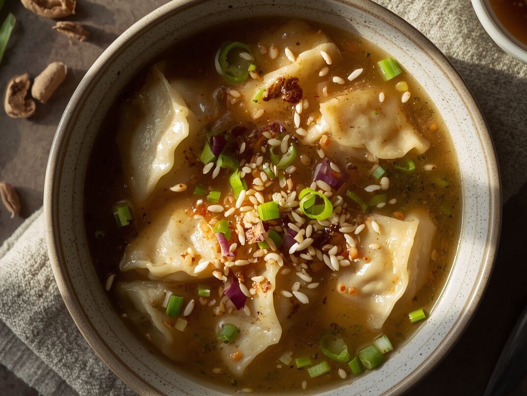 Frozen potstickers cooking in simmering broth