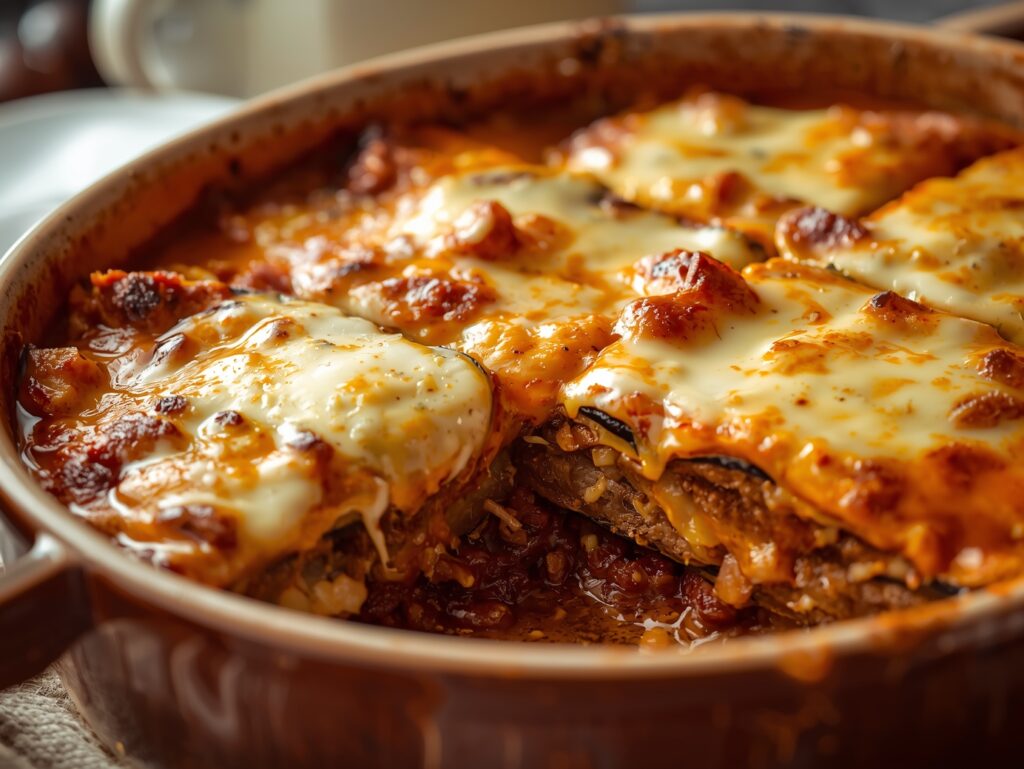 Golden baked Greek Moussaka with creamy layers