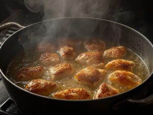 Chicken pieces browning in hot oil inside a pot