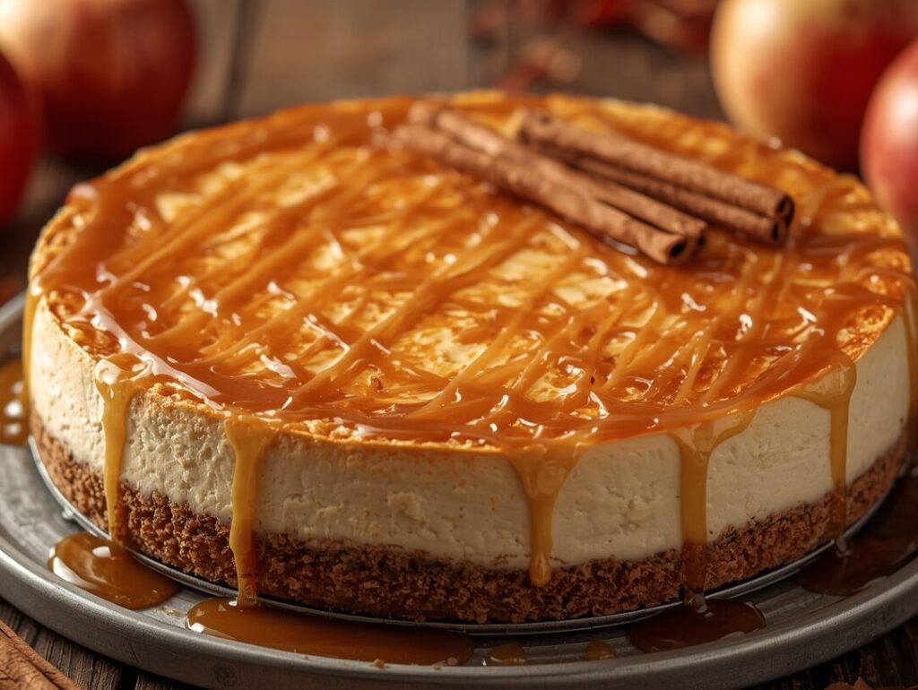 Apple cider cheesecake with apples and cinnamon sticks around
