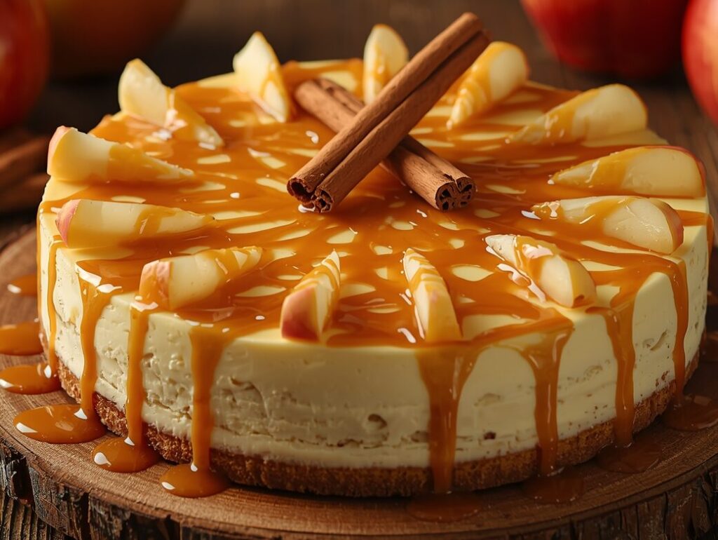 Top view of cheesecake with caramel swirl and whipped cream