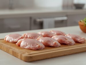 Cleaned raw chicken pieces patted dry on a wooden cutting board