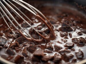 Chopped chocolate melting in a small saucepan of steaming milk, whisk in motion, smooth chocolate texture visible.