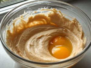 Eggs incorporated into French butter cake batter