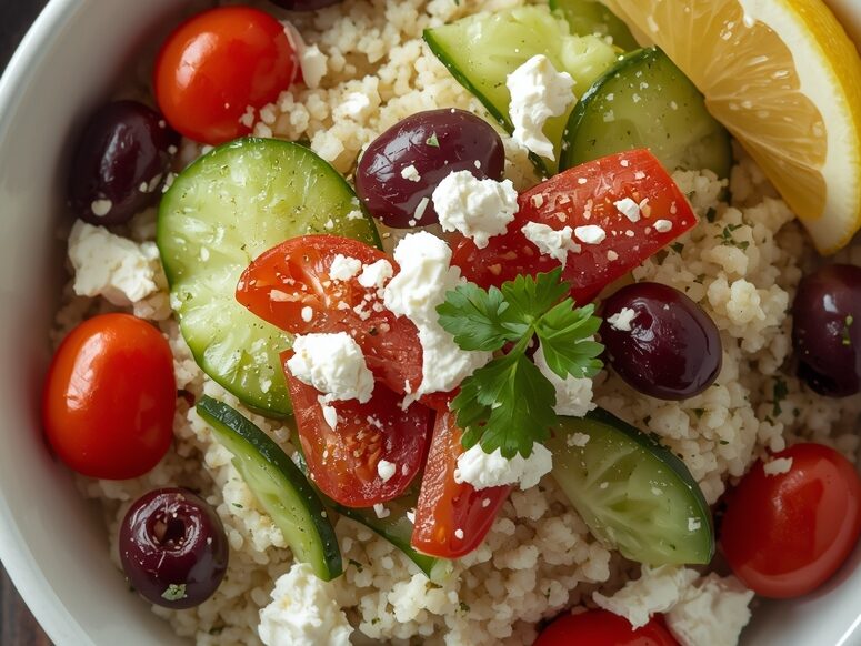 Final Mediterranean couscous dish beautifully styled with fresh vegetables and herbs