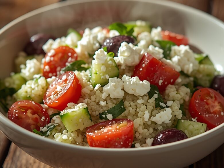 Close-up of steaming Mediterranean couscous showing fluffy texture and fresh herbs