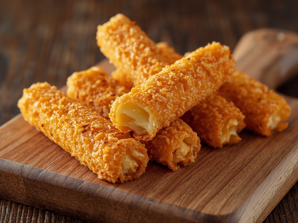 Close-up of golden crispy taco sticks with melted cheese, served on a rustic wooden board