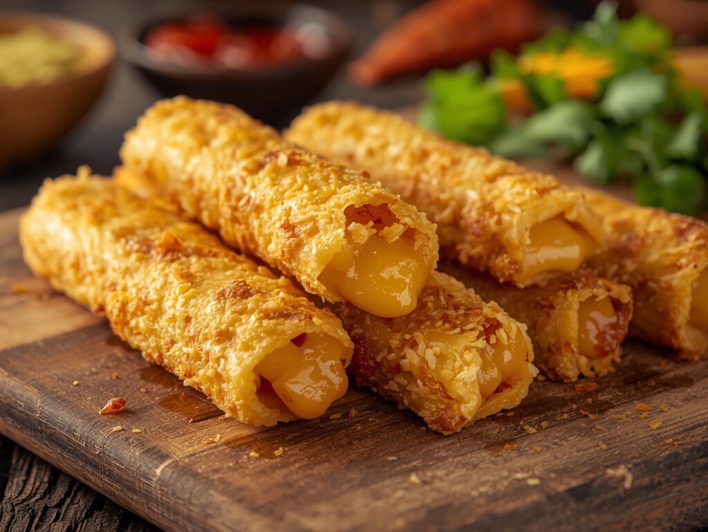 Golden crispy cheesy taco sticks with melted cheese, served on a rustic wooden board