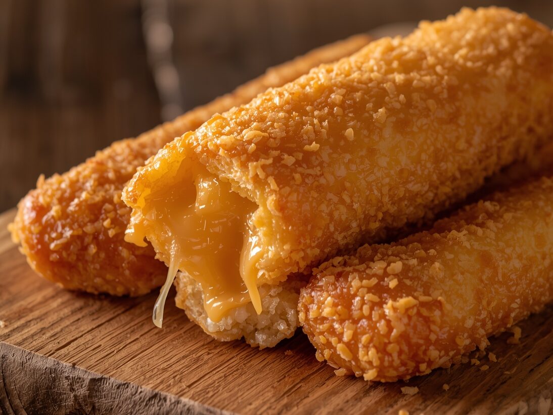 Close-up of golden crispy cheesy taco sticks with melted cheese on a wooden board