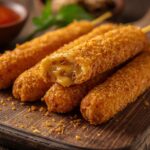 Golden crispy cheesy taco sticks with melty cheese, served on rustic wooden board