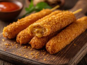 Golden crispy cheesy taco sticks with melty cheese, served on rustic wooden board