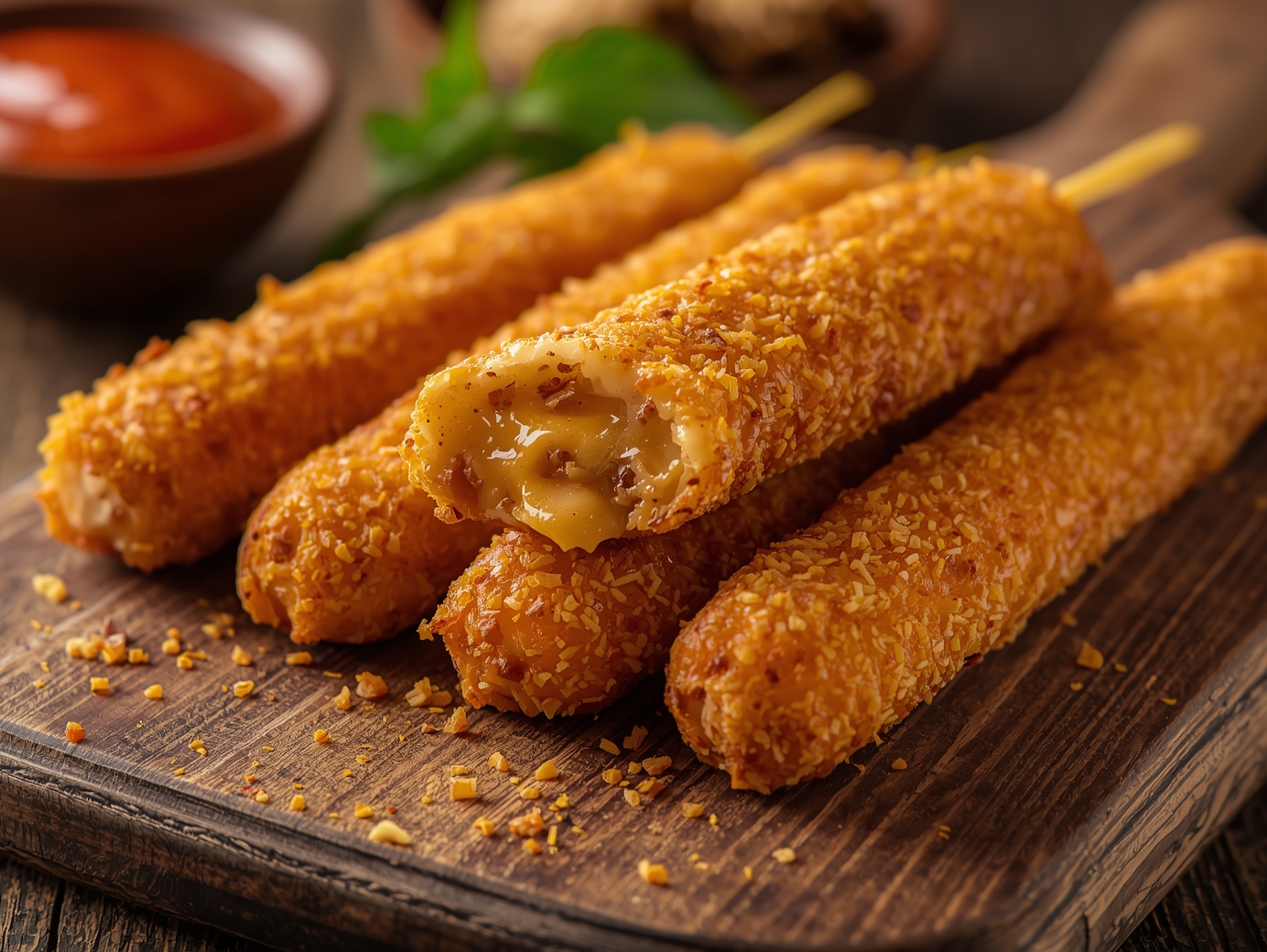 Golden crispy cheesy taco sticks with melty cheese, served on rustic wooden board