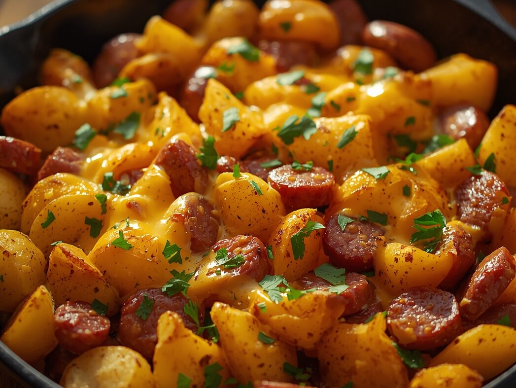 Preparing cheesy ranch potatoes with smoked sausage in baking dish