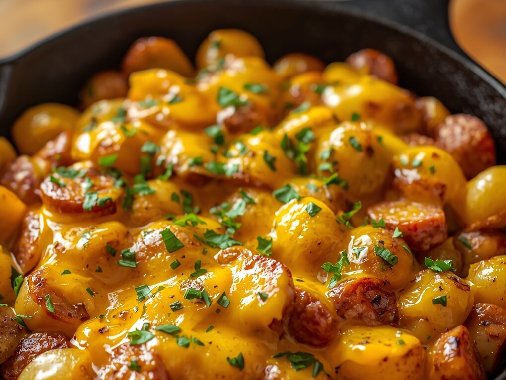 Cheesy ranch potatoes with smoked sausage on rustic plate, golden and melty