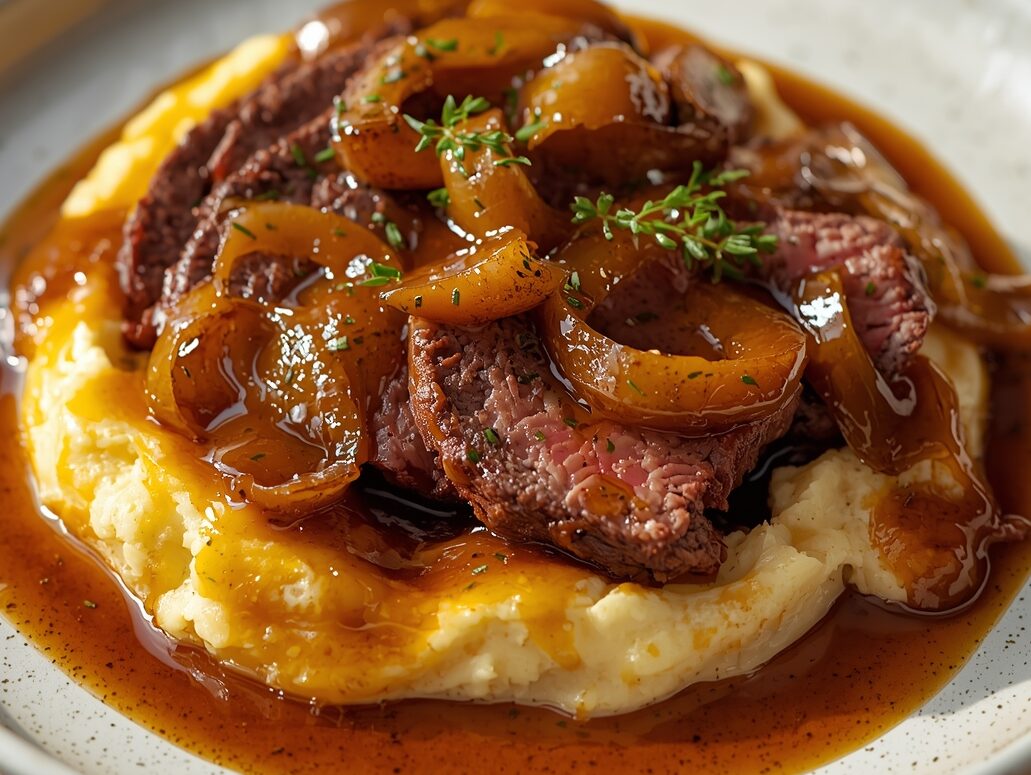 French Onion Pot Roast Served Plate Sliced French Onion Pot Roast on plate ready to serve