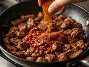 Beef with taco seasoning simmering