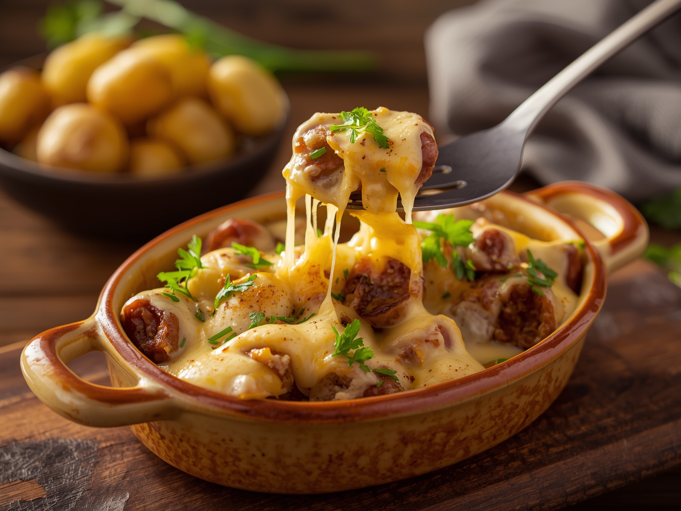 Golden cheesy ranch potatoes with smoked sausage ready to serve