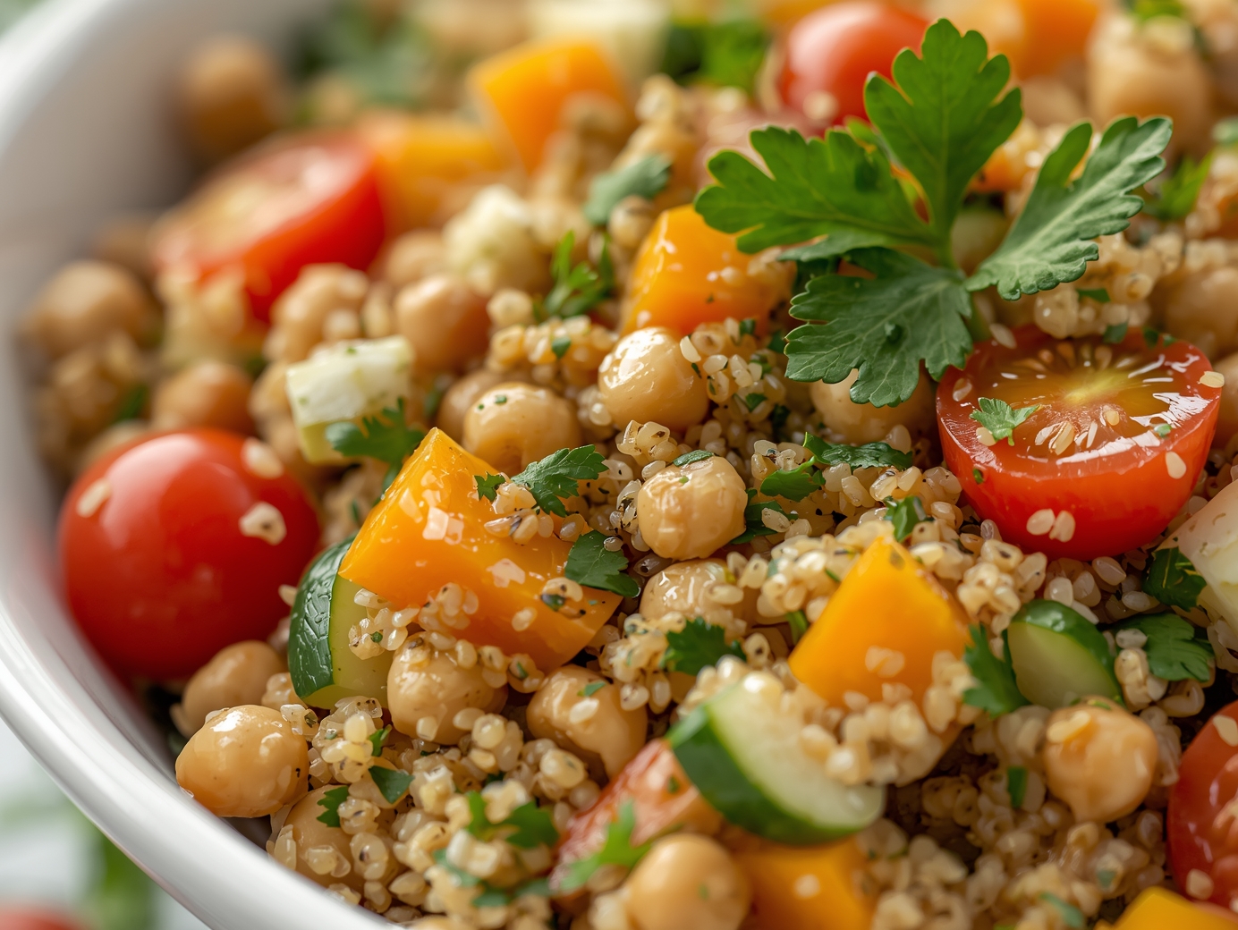 Close-up of high-protein salad highlighting chickpeas, quinoa, and fresh vegetables