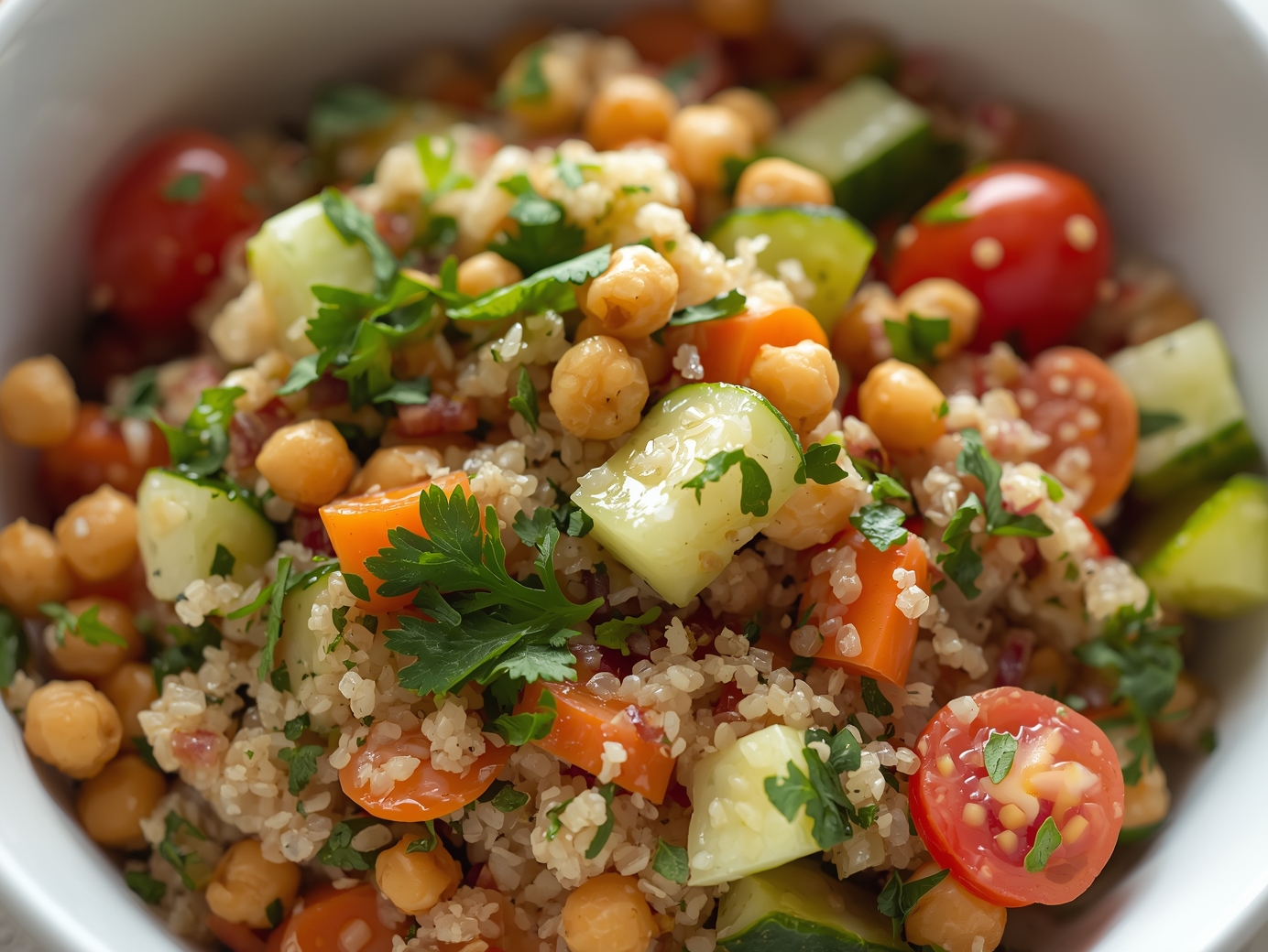 Close-up of a colorful high-protein salad with chickpeas, quinoa, and fresh vegetables