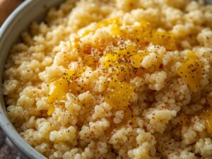 Fluffy Mediterranean couscous in a mixing bowl
