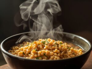 Steaming couscous in a bowl ready to fluff