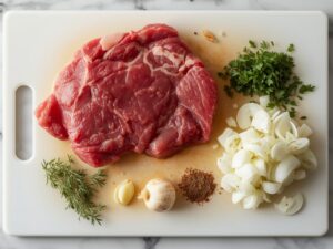 Prepped ingredients for French Onion Pot Roast on cutting board