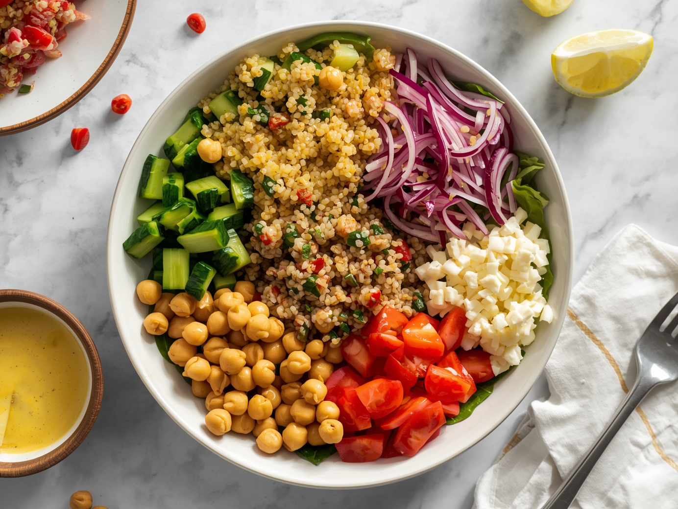 Top-down view of a high-protein salad with lemon dressing and fresh vegetables