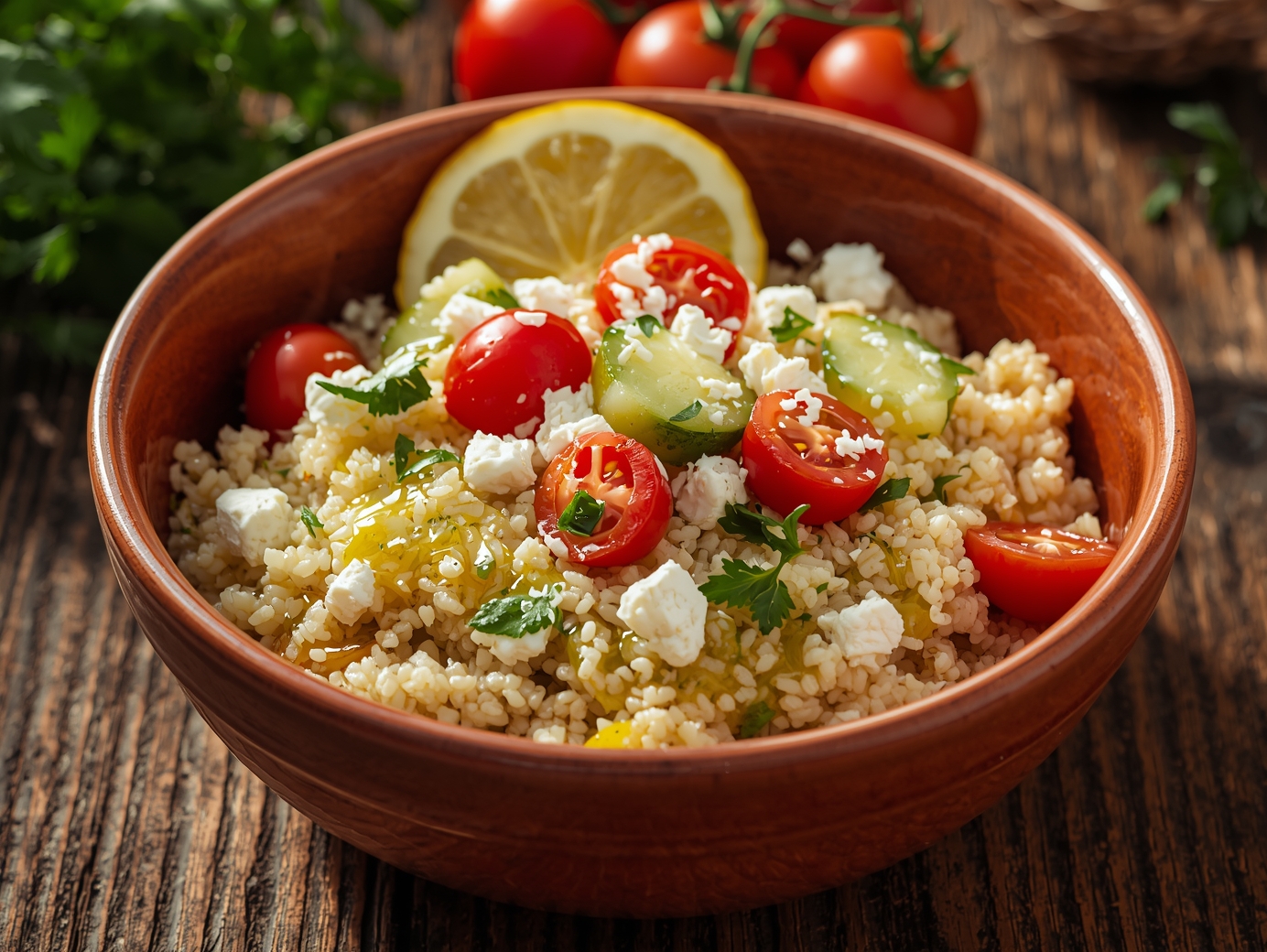Preparing Mediterranean couscous with fresh vegetables and herbs under natural light