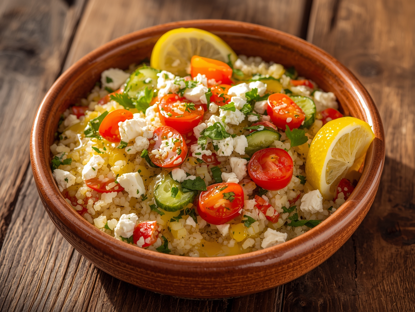 Ultra appetizing Mediterranean couscous with fresh vegetables, herbs, olive oil, and lemon