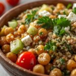 High-protein salad made with chickpeas, quinoa, fresh vegetables, and feta cheese in a ceramic bowl